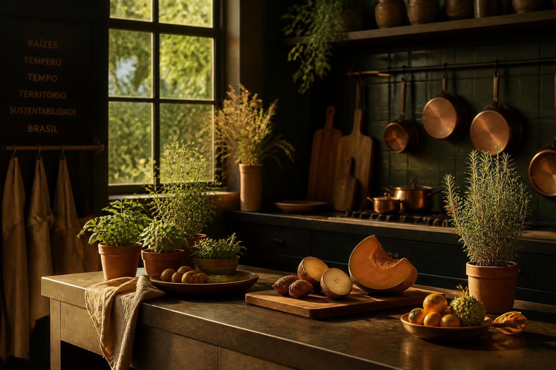 Cozinha profissional brasileira sustentável com ingredientes locais, ervas frescas e utensílios de cobre